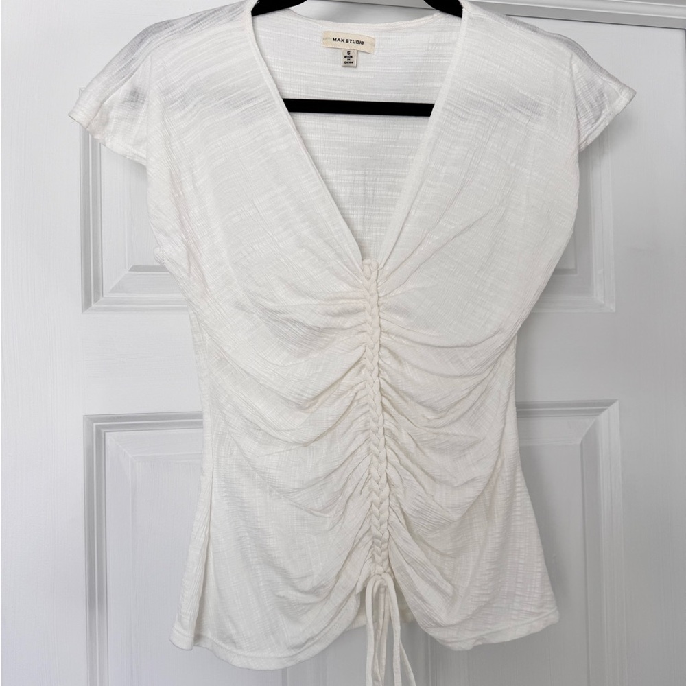 Max Studio Off White Ruched V-Neck Blouse